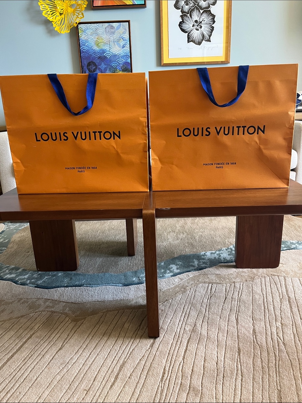 Louis Vuitton Orange Shopping Gift Bags with Navy Handles (Pair)